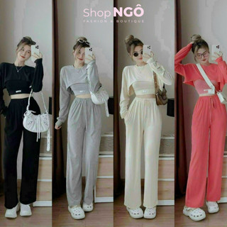 Set bộ thể thao nữ quần dài 3 món khoác set áo tay dài croptop quần suông