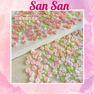 Set 10 Viên charm hoa hồng mix lá và hạt châu đính móng
