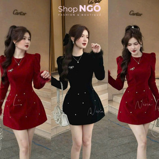 Set đầm nhung - Đầm váy nữ chất nhung tay dài PHỐI TAY LÔNG váy xoè cổ tròn TAG NƠ đá sang trọng 2 màu diện TẾT,đi chơi