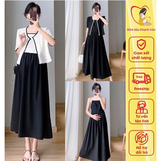 Sét đầm váy bầu hè V115 gồm váy dây và áo khoác dáng dài form rộng kiểu hàn quốc thanh lịch-Đầm váy bầu công sở tay cộc