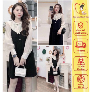 Váy bầu, đầm bầu dự tiệc B27, đầm bầu công sở xếp ly dài tay sang trọng, phối nút cài nơ thời trang nữ sang chảnh
