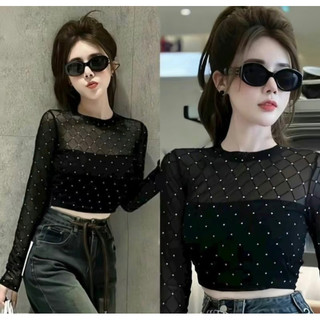Áo tat dài lưới có kèm lót trong fom croptop