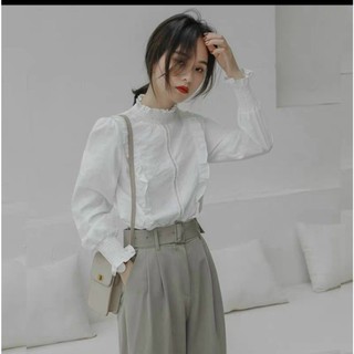 Xả kho - Áo sơ mi trắng cổ bo chun phối kim tuyến tay bo tiểu thư, áo sơ mi kiểu