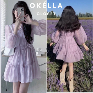 Váy Babydoll dài tay có đai thắt eo, đầm babydoll vải tơ Okélla