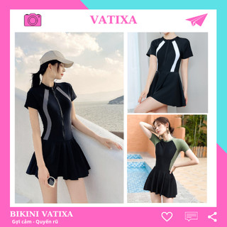 [Có Size] Đồ bơi nữ bikini đi biển kín đáo tay ngắn khóa kéo phối váy VATIXA BKN104