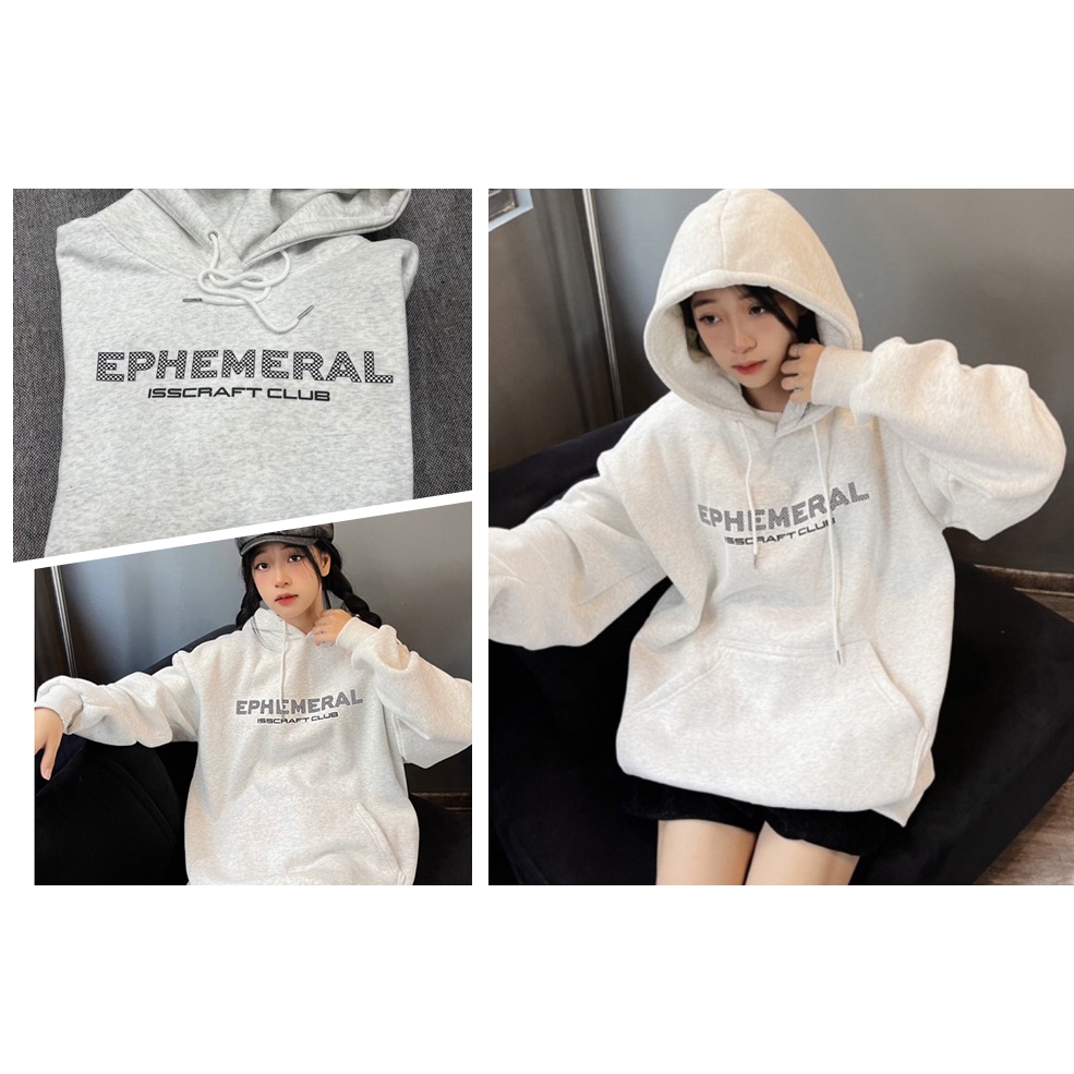 Áo Hoodie In Chữ EPHEMERALL, Áo Nỉ Bông Form Rộng Nam Nữ Unisex Dáng Oversize Xám Tiêu