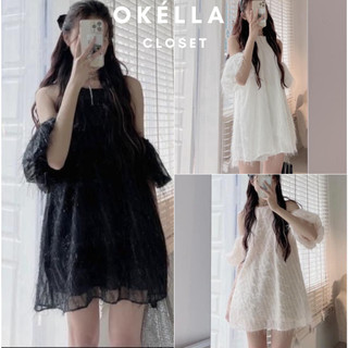 Váy cổ Yếm trễ vai lông tơ mềm 2 lớp, đầm Babydoll rớt vai chất tơ lông sang chảnh đi tiệc, đi chơi Okélla