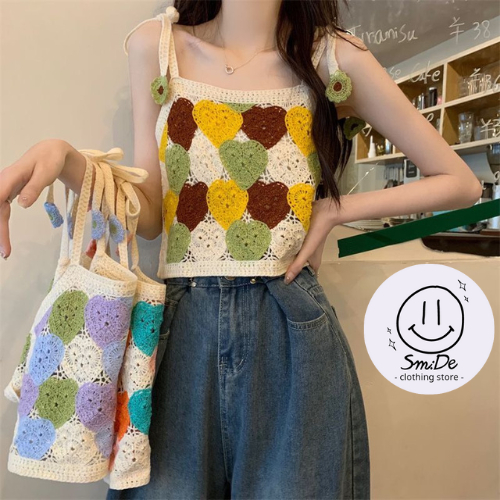 Áo Len Hai Dây Buộc Thắt Vai Thêu Trái Tim Dành Cho Các Nàng Diện Đi Chơi Du Lịch Đi Biển Dễ Thương | Smide Clothing