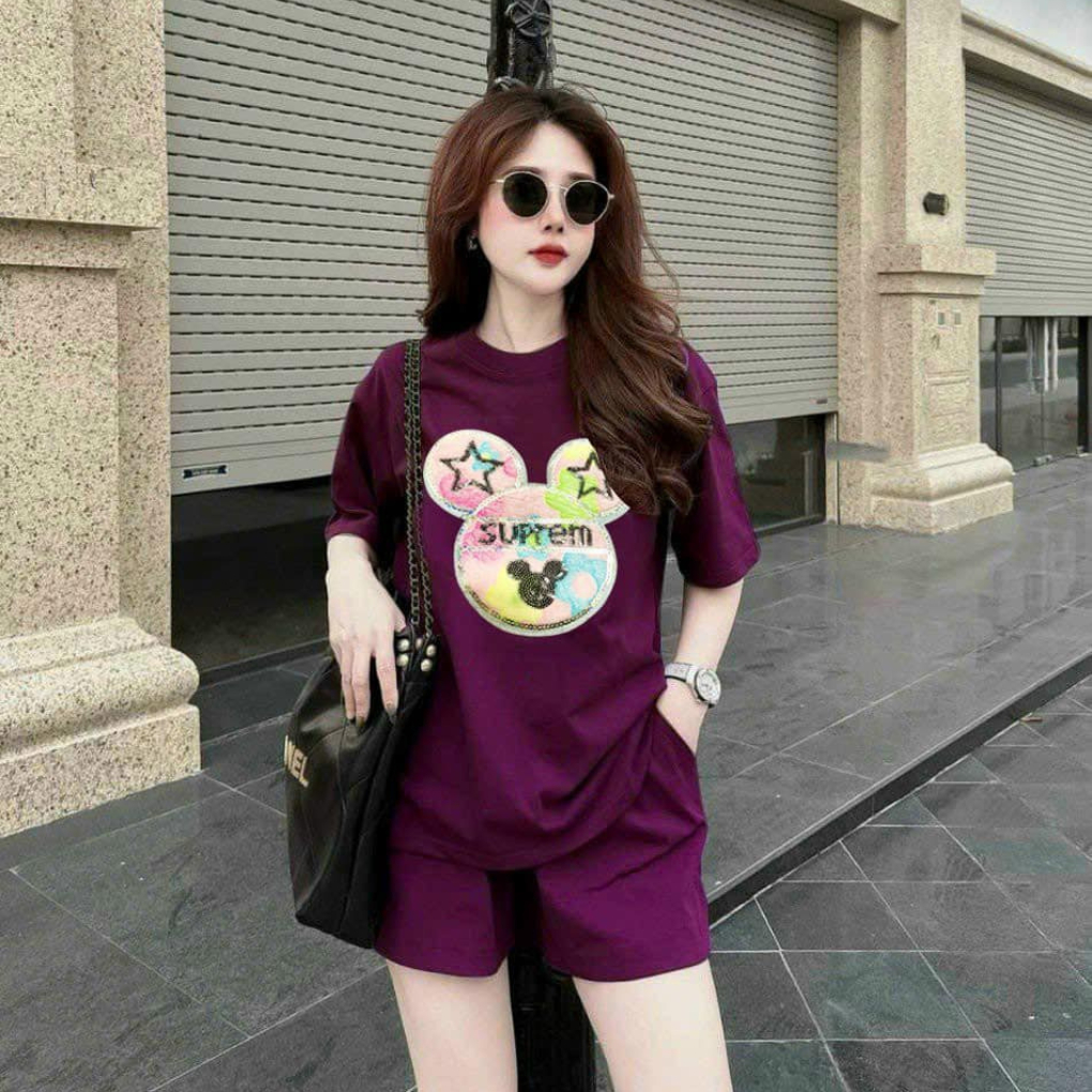 Set bộ đùi chất cotton su form rộng mặc nhà cho nữ rẻ đẹp đơn giản mùa hè bộ cộc ngắn bigsize 40-75kg in chữ mặt gấu sao | BigBuy360 - bigbuy360.vn