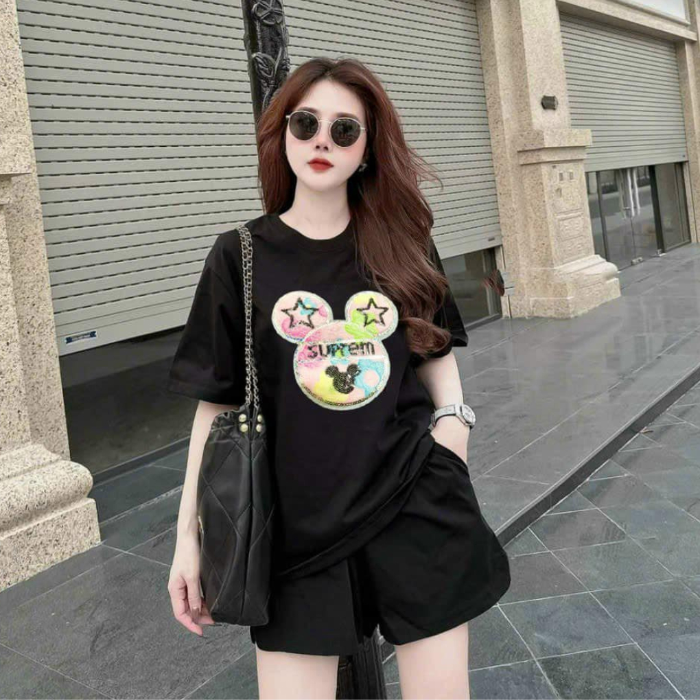 Set bộ đùi chất cotton su form rộng mặc nhà cho nữ rẻ đẹp đơn giản mùa hè bộ cộc ngắn bigsize 40-75kg in chữ mặt gấu sao | BigBuy360 - bigbuy360.vn