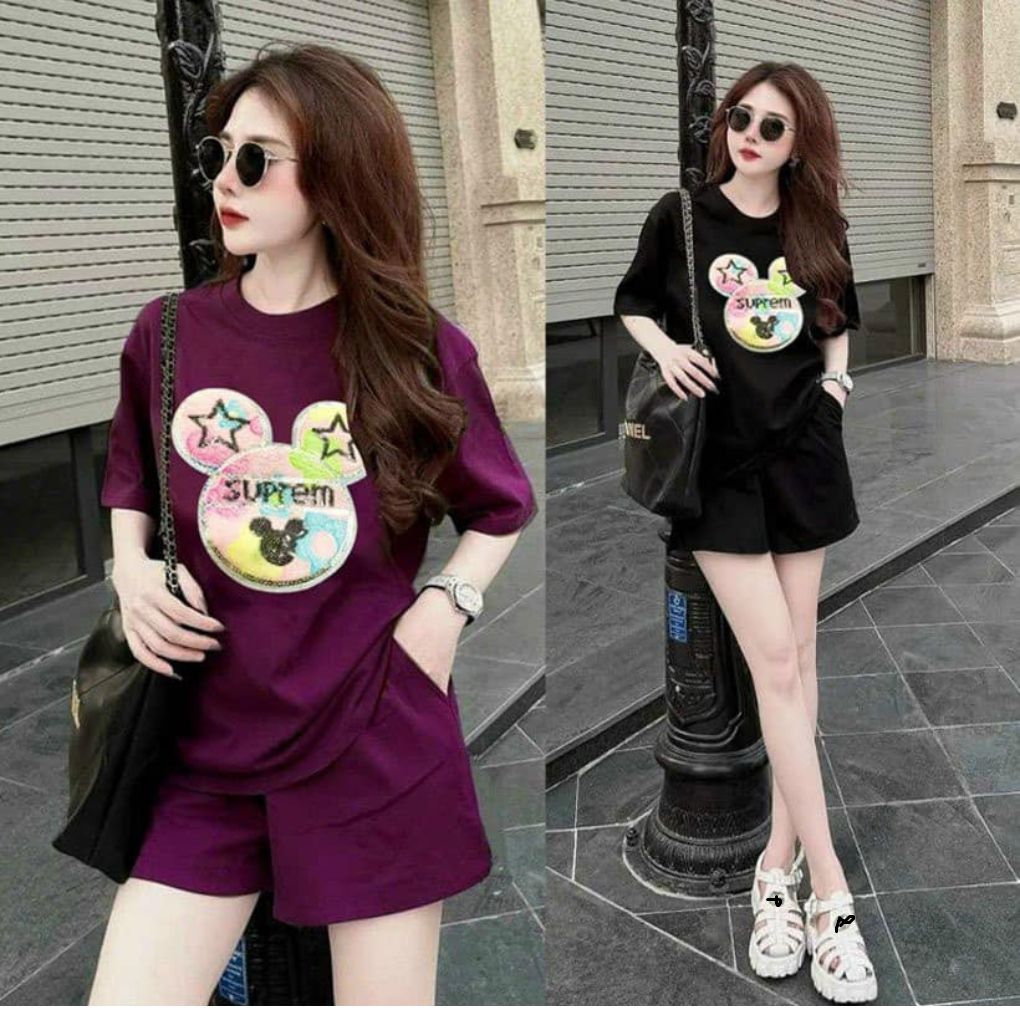 Set bộ đùi chất cotton su form rộng mặc nhà cho nữ rẻ đẹp đơn giản mùa hè bộ cộc ngắn bigsize 40-75kg in chữ mặt gấu sao | BigBuy360 - bigbuy360.vn