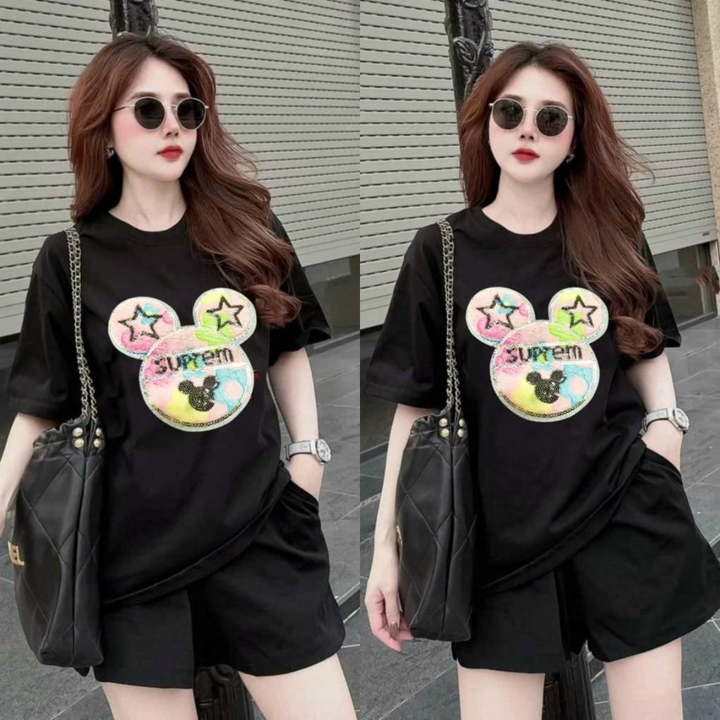 Set bộ đùi chất cotton su form rộng mặc nhà cho nữ rẻ đẹp đơn giản mùa hè bộ cộc ngắn bigsize 40-75kg in chữ mặt gấu sao | BigBuy360 - bigbuy360.vn