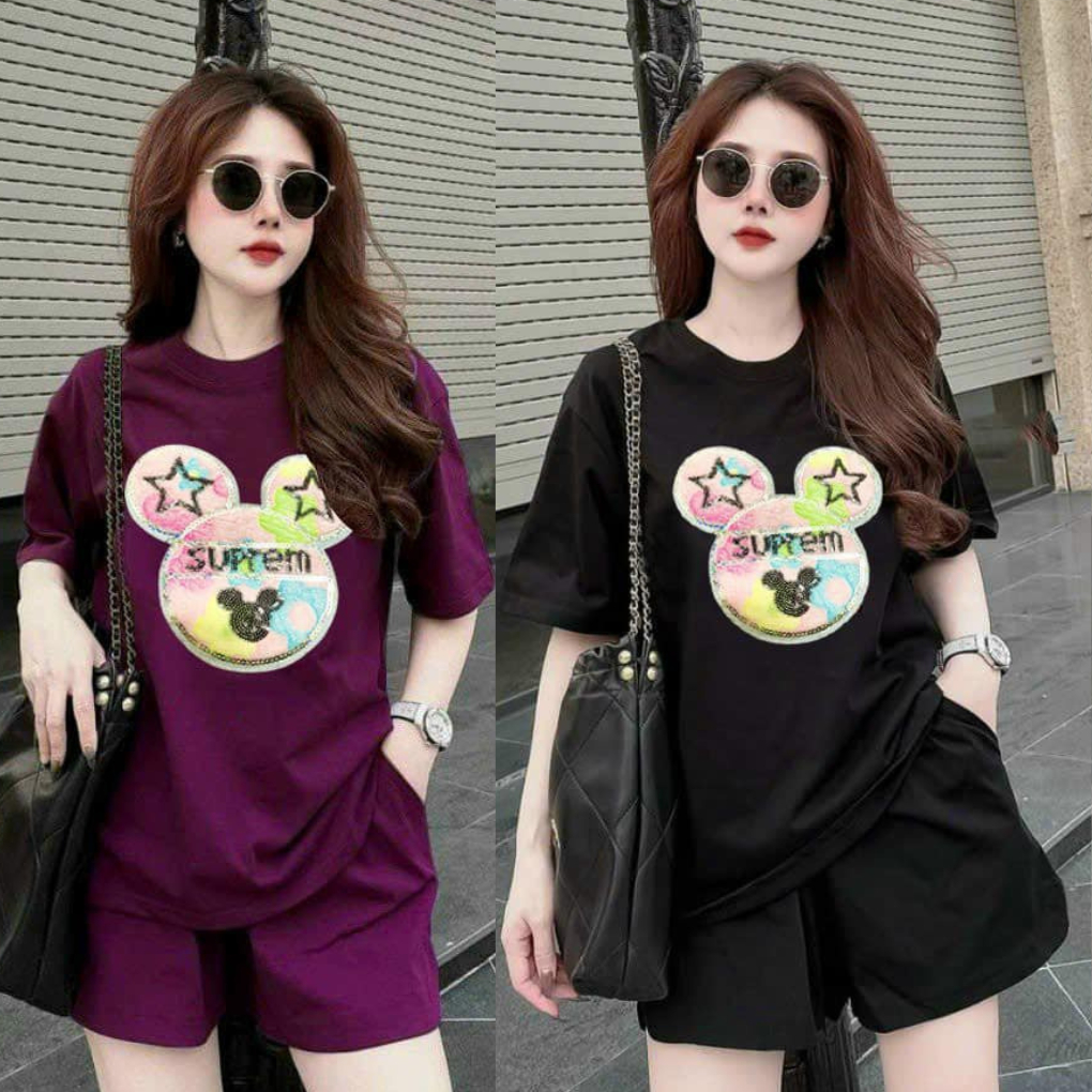 Set bộ đùi chất cotton su form rộng mặc nhà cho nữ rẻ đẹp đơn giản mùa hè bộ cộc ngắn bigsize 40-75kg in chữ mặt gấu sao | BigBuy360 - bigbuy360.vn