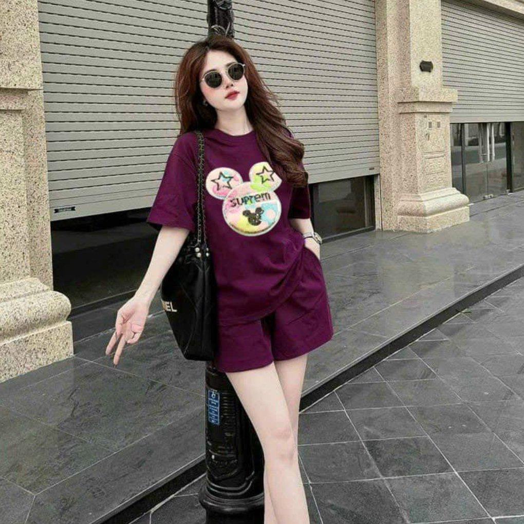 Set bộ đùi chất cotton su form rộng mặc nhà cho nữ rẻ đẹp đơn giản mùa hè bộ cộc ngắn bigsize 40-75kg in chữ mặt gấu sao | BigBuy360 - bigbuy360.vn