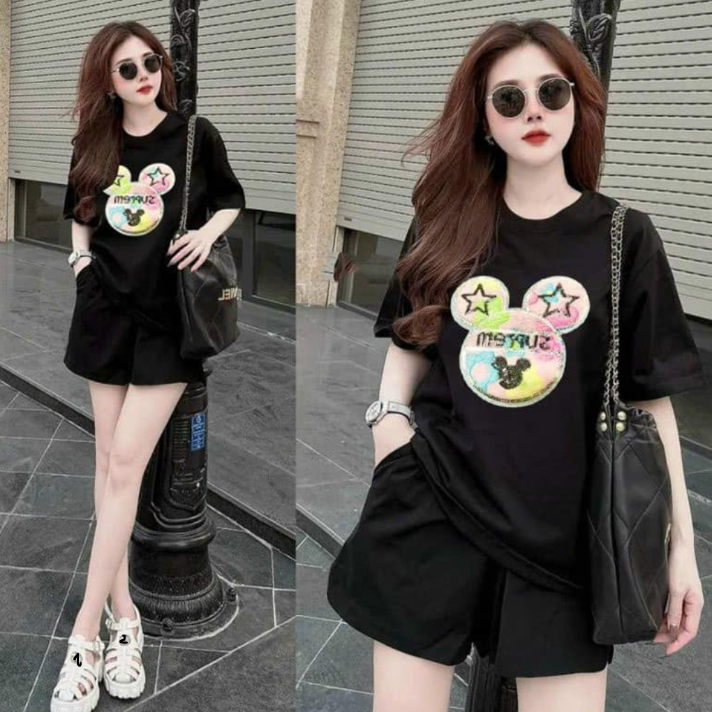 Set bộ đùi chất cotton su form rộng mặc nhà cho nữ rẻ đẹp đơn giản mùa hè bộ cộc ngắn bigsize 40-75kg in chữ mặt gấu sao | BigBuy360 - bigbuy360.vn