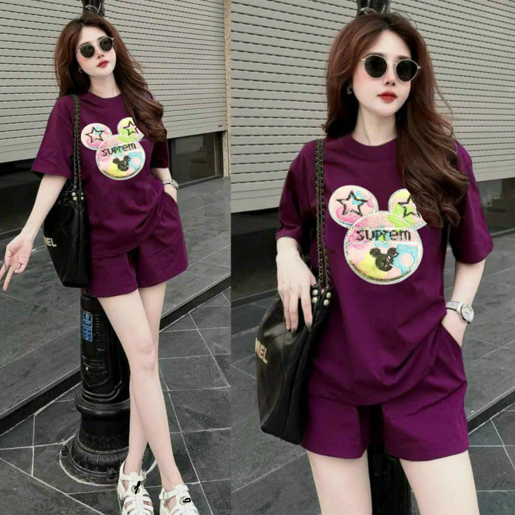 Set bộ đùi chất cotton su form rộng mặc nhà cho nữ rẻ đẹp đơn giản mùa hè bộ cộc ngắn bigsize 40-75kg in chữ mặt gấu sao | BigBuy360 - bigbuy360.vn