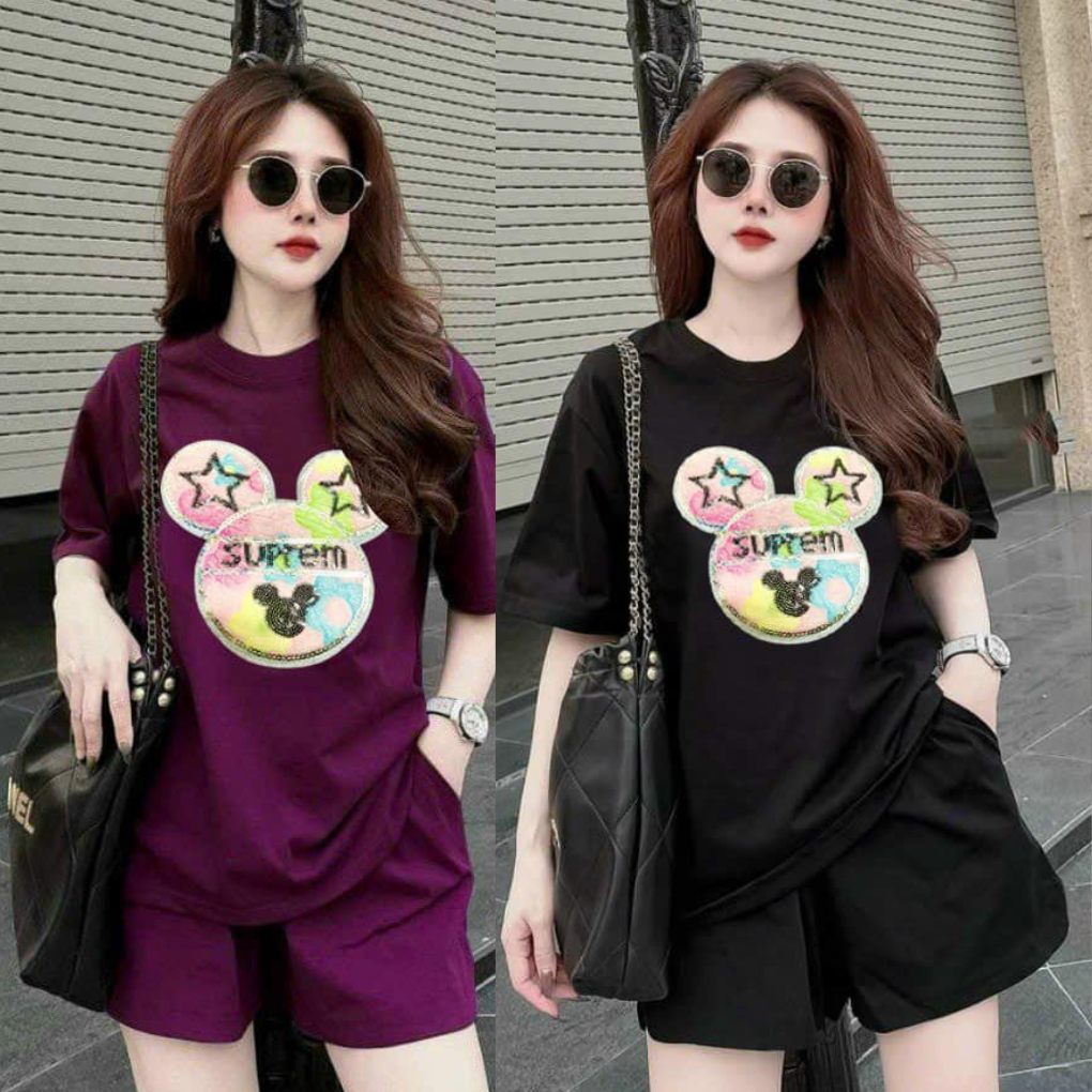 Set bộ đùi chất cotton su form rộng mặc nhà cho nữ rẻ đẹp đơn giản mùa hè bộ cộc ngắn bigsize 40-75kg in chữ mặt gấu sao | BigBuy360 - bigbuy360.vn