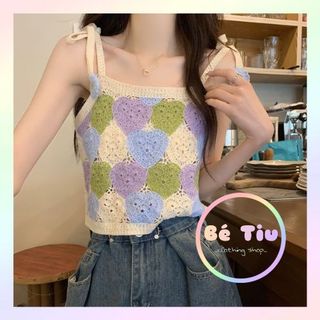 Áo Len Móc 2 Dây Cột Vai Họa Tiết Hình Trái Tim Dáng Ngắn Trẻ Trung Năng Động Thời Trang Dành Cho Nữ | Bé Tiu Clothing