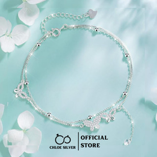Lắc chân bạc nữ CHLOE SILVER thiết kế 2 tầng bướm đính đá tua rua đính kim cương mạ vàng trắng cực xinh yêu -LC 08