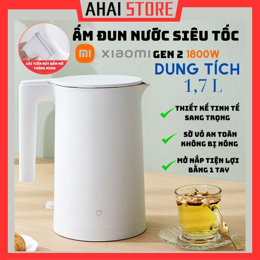 Ấm đun nước siêu tốc Xiaomi gen 2,bình siêu tốc mijia 2 công suất 1800w, dung tích 1,7L chất liệu thép không gì cao cấp