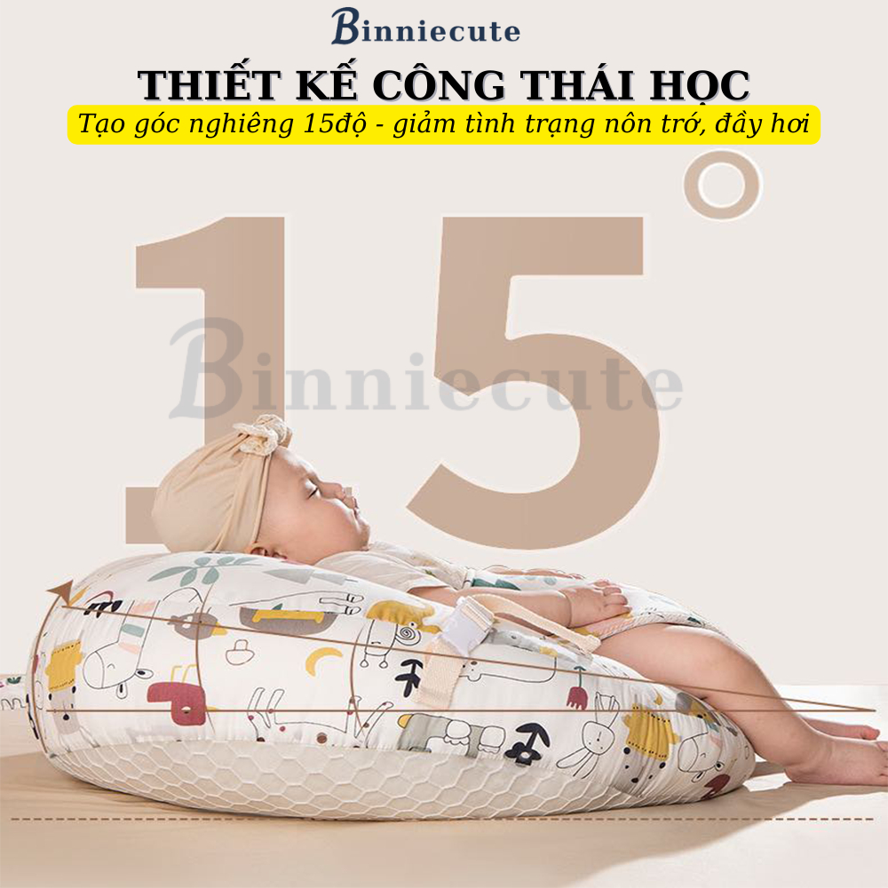 Gối chống trào ngược cao cấp cho bé sơ sinh BINNIECUTE chống đầy hơi, sặc sữa - kích thước 60x60cm
