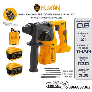 Máy khoan bê tông pin hukan rh2706plus, động cơ không chổi than, tặng 5 mũi khoan đục + hộp nhựa
