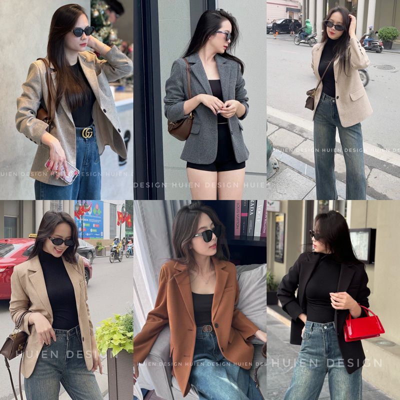 Áo blazer nữ 2 lớp chất dạ cao cấp dáng dài tay dài Huien Design thời trang công sở trẻ trung, áo vest nữ form Hàn Quốc