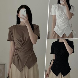 Áo Thun Nữ Xoắn Eo Cổ Tròn Cherish có BigSize , áo thun trơn cổ tròn nhúm eo vạt chéo ôm body AT08