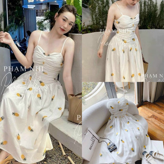 Đầm 2s midi trắng thêu trái thơm đi biển/du lịch NÀNG CLOSET