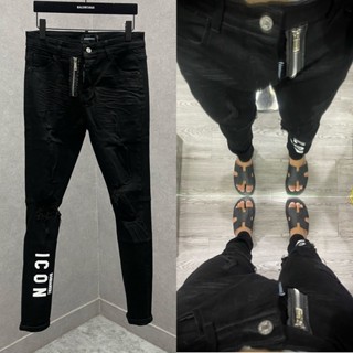 Quần jean bò nam DSQ slimfit đen rách tua gối in sơn chữ ICON dọc ống phối khoá lệch 4 cúc chữ QJ489P