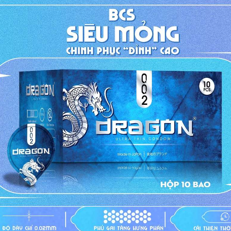 Bao Cao Su Hộp 10 Chiếc Dragon 002 Siêu Mỏng thêm gai nổi 10% Lidocain kéo dài thời gian cực lâu BCS Nhật Bản Japan mỏng