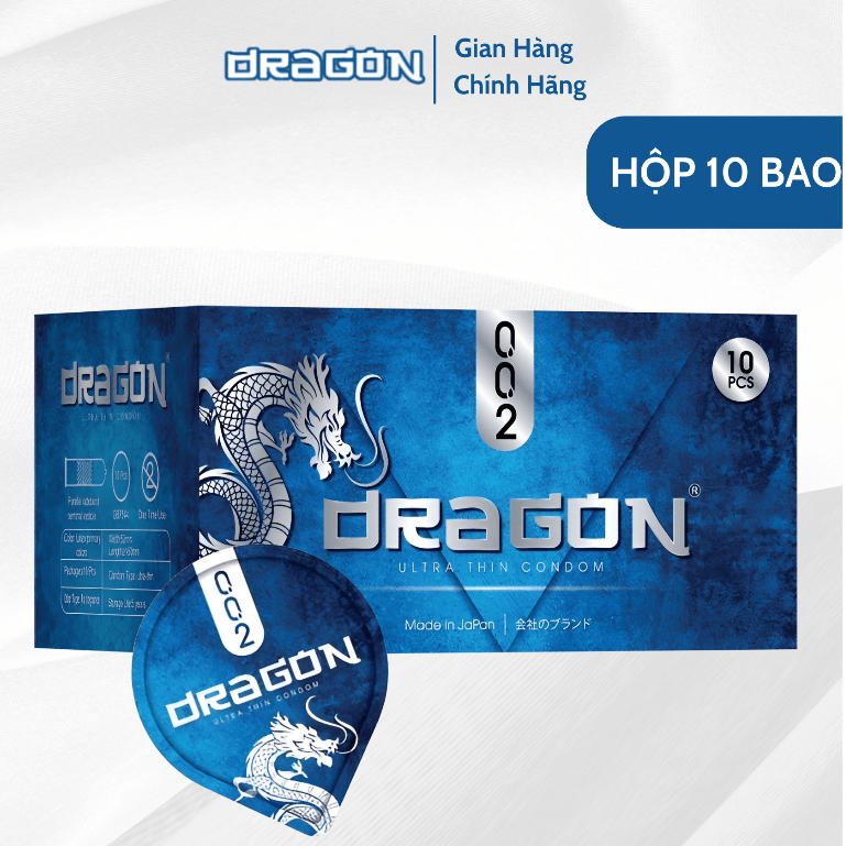 Bao Cao Su Hộp 10 Chiếc Dragon 002 Siêu Mỏng thêm gai nổi 10% Lidocain kéo dài thời gian cực lâu BCS Nhật Bản Japan mỏng