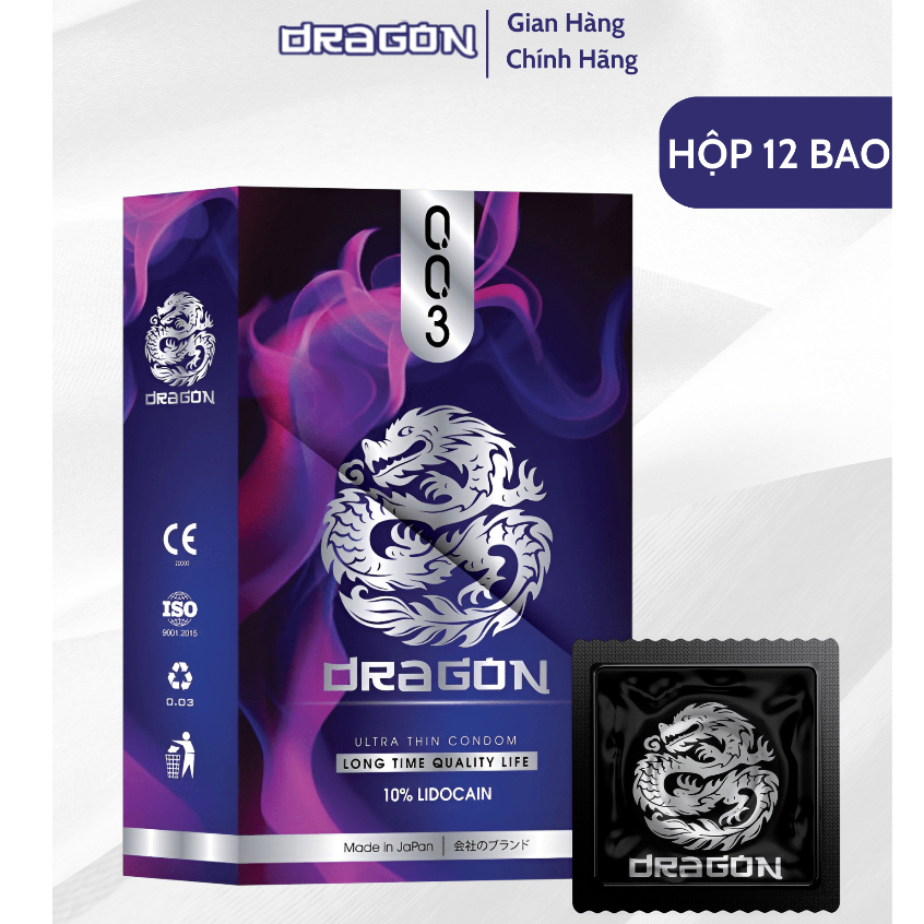 Bao Cao Su Hộp 12 Chiếc Dragon 003 Siêu Mỏng thêm gai nổi 10% Lidocain kéo dài thời gian cực lâu BCS Nhật Bản Japan mỏng