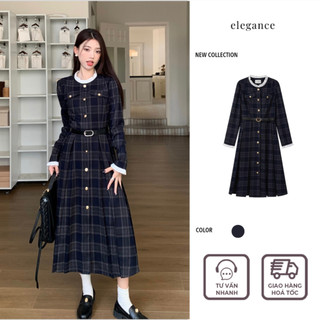[SẴN] Đầm vest kẻ ô cổ sơmi dáng dài kèm thắt lưng phong cách thanh lịch cổ điển kiểu Pháp