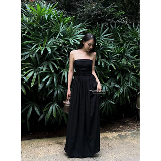 [DTB] ĐẦM MIDI ĐEN DÂY CỘT CỔ YẾM NHÚN BO THUN LƯNG