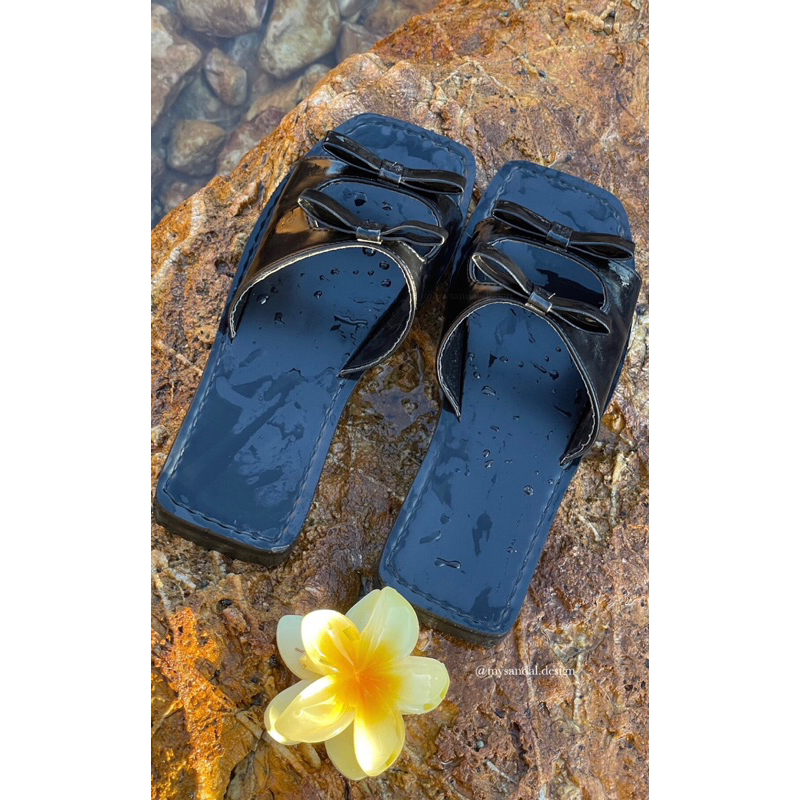 Sandal ribbon dép đế bằng nơ đế vuông