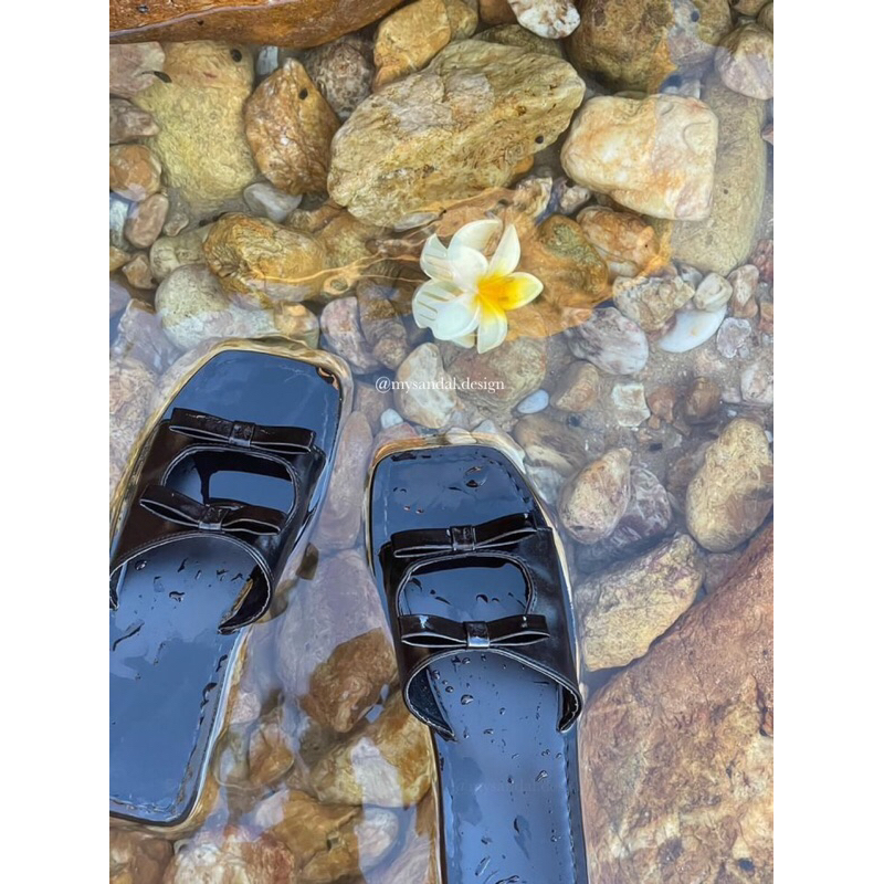 Sandal ribbon dép đế bằng nơ đế vuông