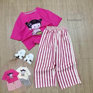 Đồ bộ bé gái_Set áo phông Chibi và quần kẻ suông ống rộng (ảnh thật) 12-38kg XHN1534