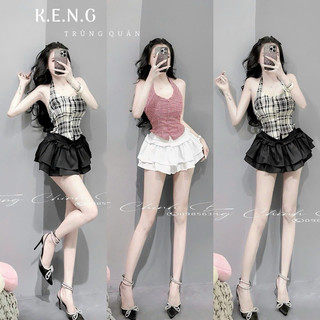 Set áo yếm kẻ lưng chun chân váy tầng xoè xinh xỉu