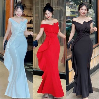 Đầm dạ hội thiết kế bẹt vai nơ ngực đuôi cá cao cấp- tặng hoa tai