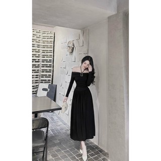 Đầm Váy Nữ Bẹt Vai Tay Dài Khoe Dáng, Váy Maxi Dáng Xòe Nhẹ Điệu Đà Nữ Tính Chất Thun Tăm Lạnh Hàng Loại 1 Chuẩn From
