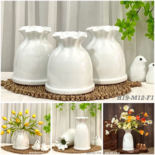 Lọ hoa gốm Bát Tràng, dáng túi tiền, cao 19cm và 28cm, màu trắng/xanh - Gốm nhà Pi