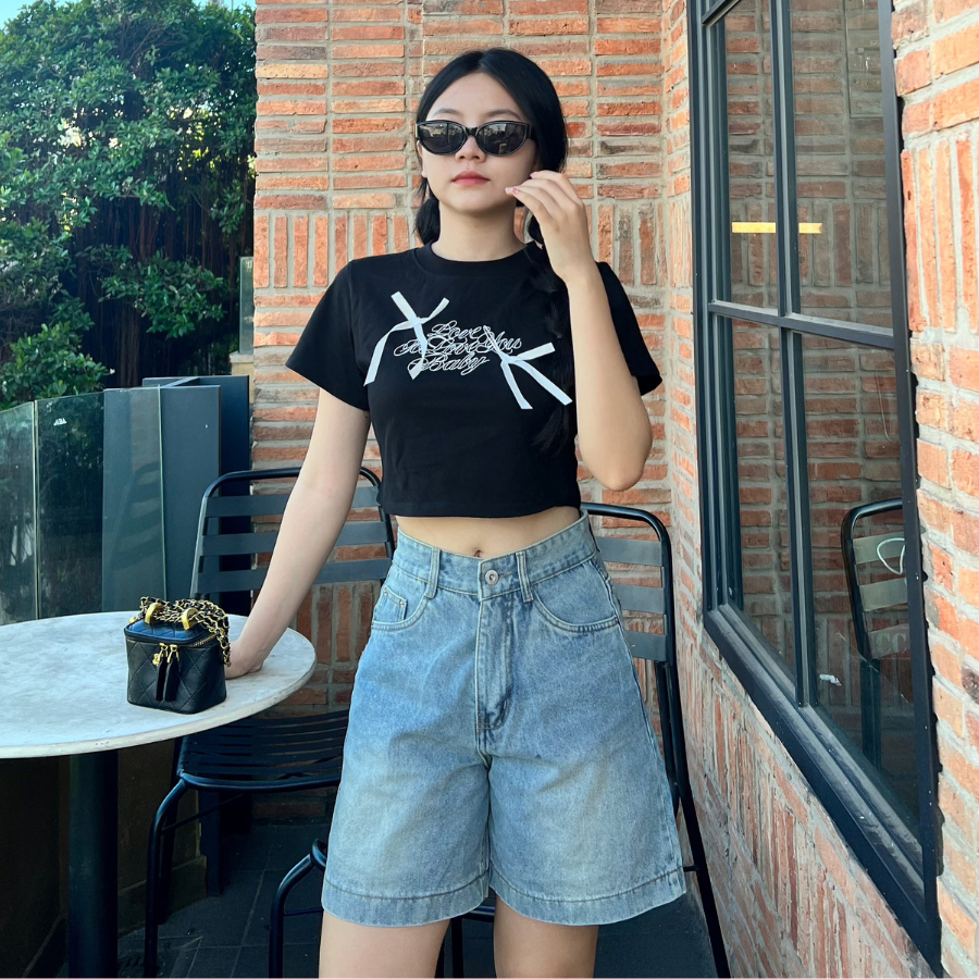 Quần Short Jean Nữ Ống Rộng Lưng Cao Basic