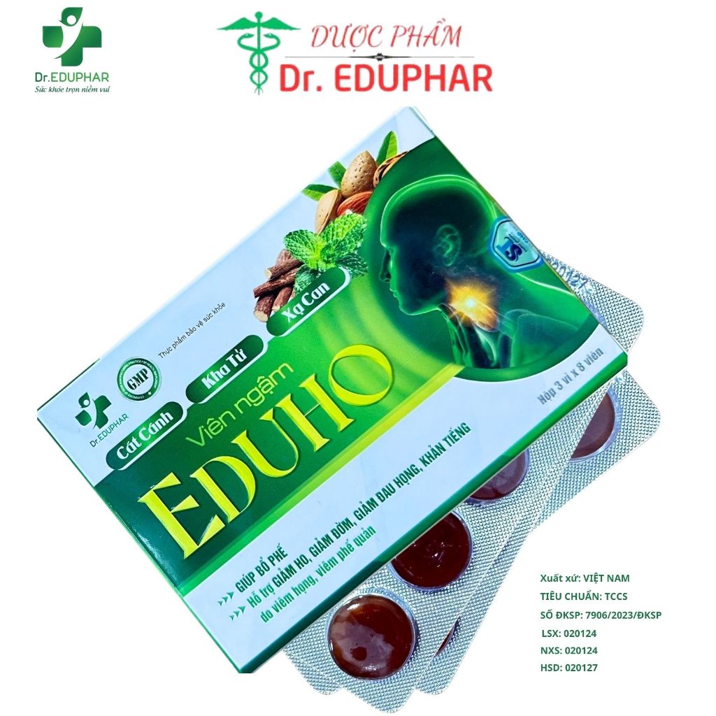 EDUHO Viên Ngậm Ho Hộp 3 vỉ X 8 Viên Giảm Ho, Giảm Đờm, Giảm Đau Họng