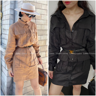 Váy đầm sơ mi nữ, kiểu túi hộp cá tính, màu Nâu- Linen tưng premium