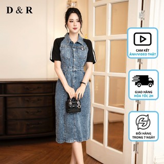 Đầm jean dự tiệc bigsize xẻ tà đính logo Quảng Châu cao cấp D484