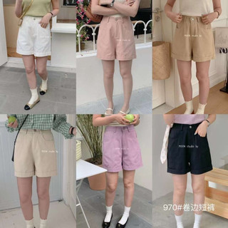 Quần kaki nữ ngắn trơn cạp cao gấp gấu lưng thun , quần sooc thô nữ cạp cao ống rộng trơn nhiều màu pastel mùa hè