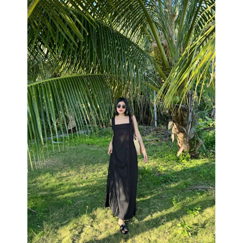 đầm 2dây bản to linen 2 lớp