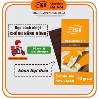 [Chính hãng] Socola sữa 50% Cacao nhân Hạt Điều hiệu ChocolateFigo | Milk Chocolate Cashew Thanh 50gr ĂN LÀ NGHIỀN