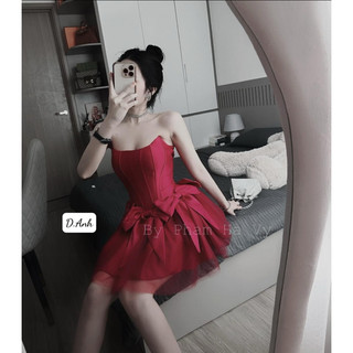 Đầm ống cúp ngực thun phối lưới xoè thiết kế đính nơ lt